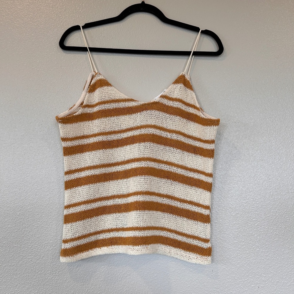 Mango Casual Knit Striped‎ Camisole Top Mustard Yellow White XS V-Neck Spaghetti